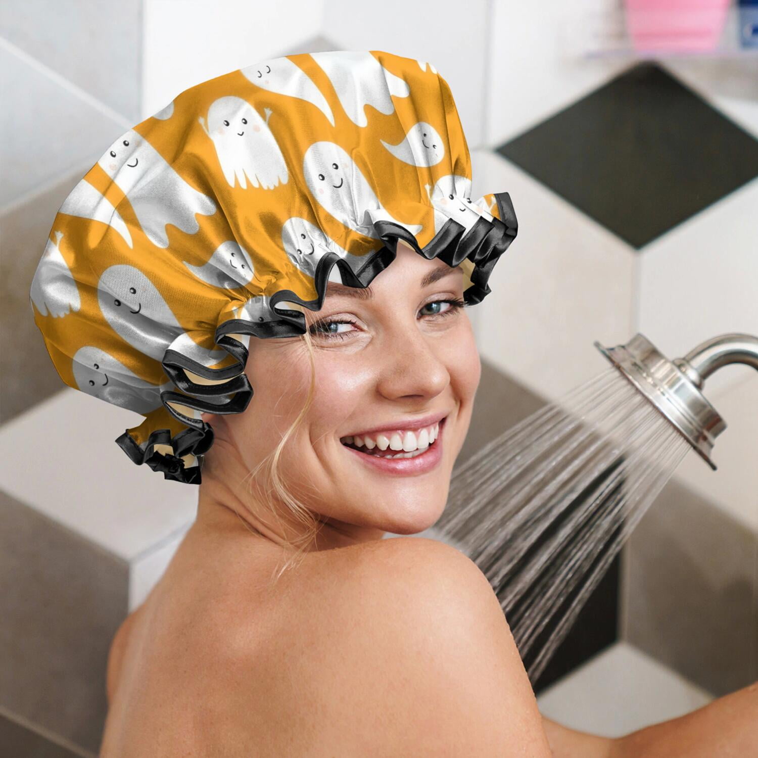 Shower Caps,Orange Halloween Ghosts Waterproof Shower Cap for Women 4 Pieces,Double Reusable Hair Cover for Shower PEVA Elastic Stretch Hem