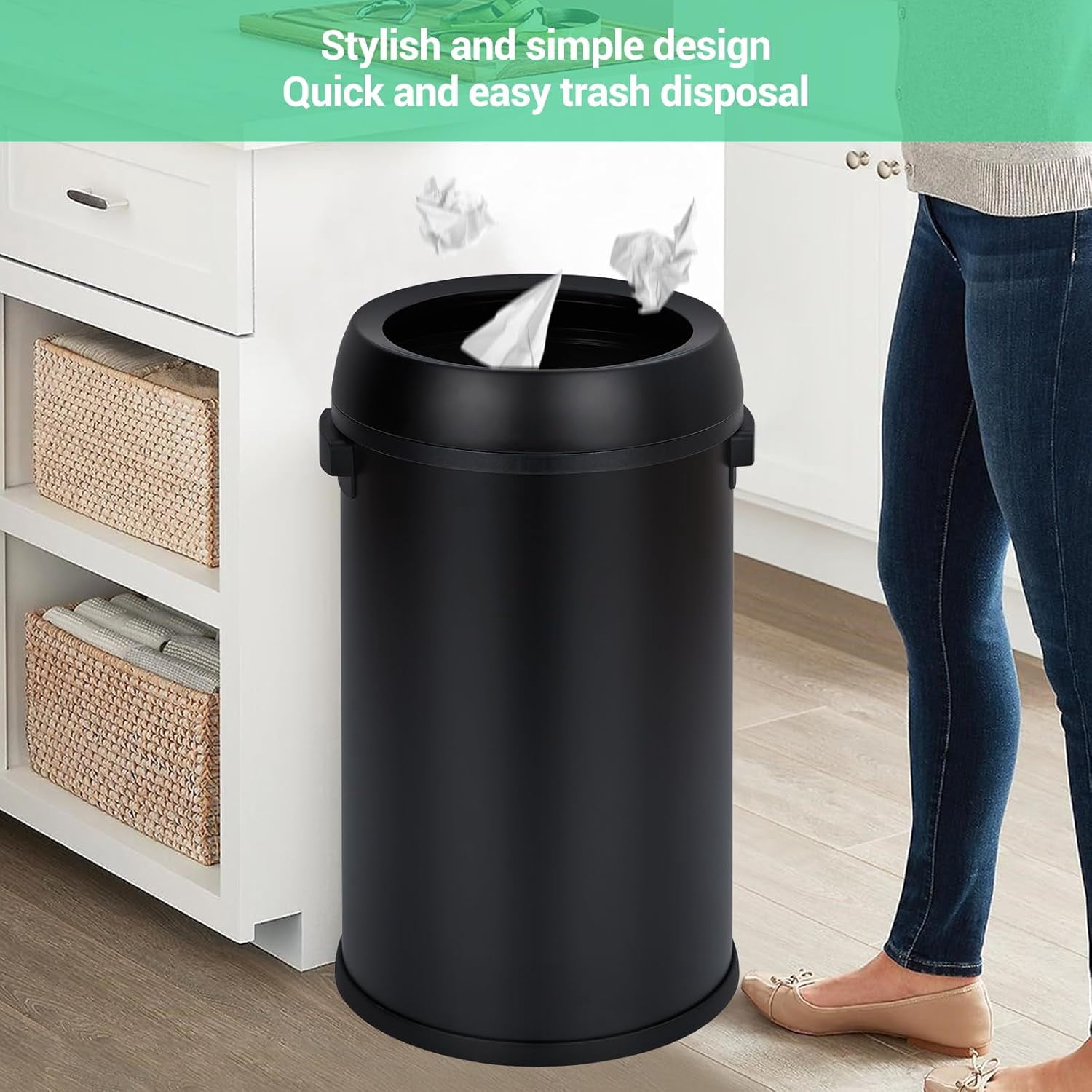 Garvee 17 Gallon Stainless Steel Round Trash Can with Open Lid, Fingerprint-Proof, Removable Inner Liner for Kitchen, Office, Living Room, or Bathroom, Black