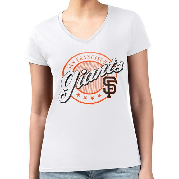 Women's G-III 4Her by Carl Banks  White San Francisco Giants Super-Slim Fit Lightweight Pinstripe Circle V-Neck T-Shirt
