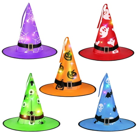 

Clispeed 5pcs Halloween Witch Hats Lights Decorations Hanging Ghost Hats Waterproof Light Up Party Witch Hats