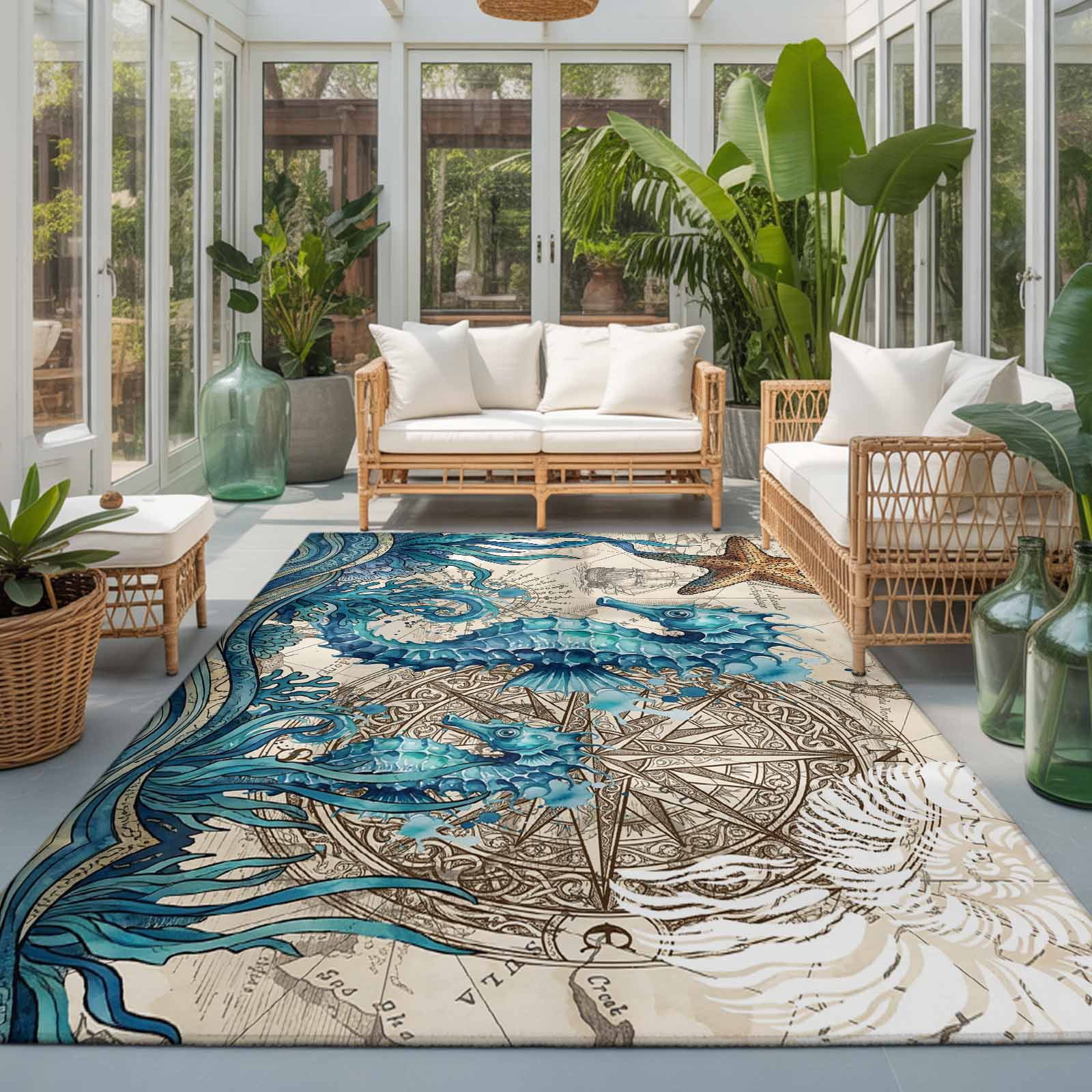 Area Rugs 2.7'x5', Nautical Coastal Carpet Runner Indoor Outdoor Rugs Home Decor Aesthetic, Retro Marine Life Seahorse Compass Map Beige Non Slip Mats Washable Accent Rug for Living Room Bedroom