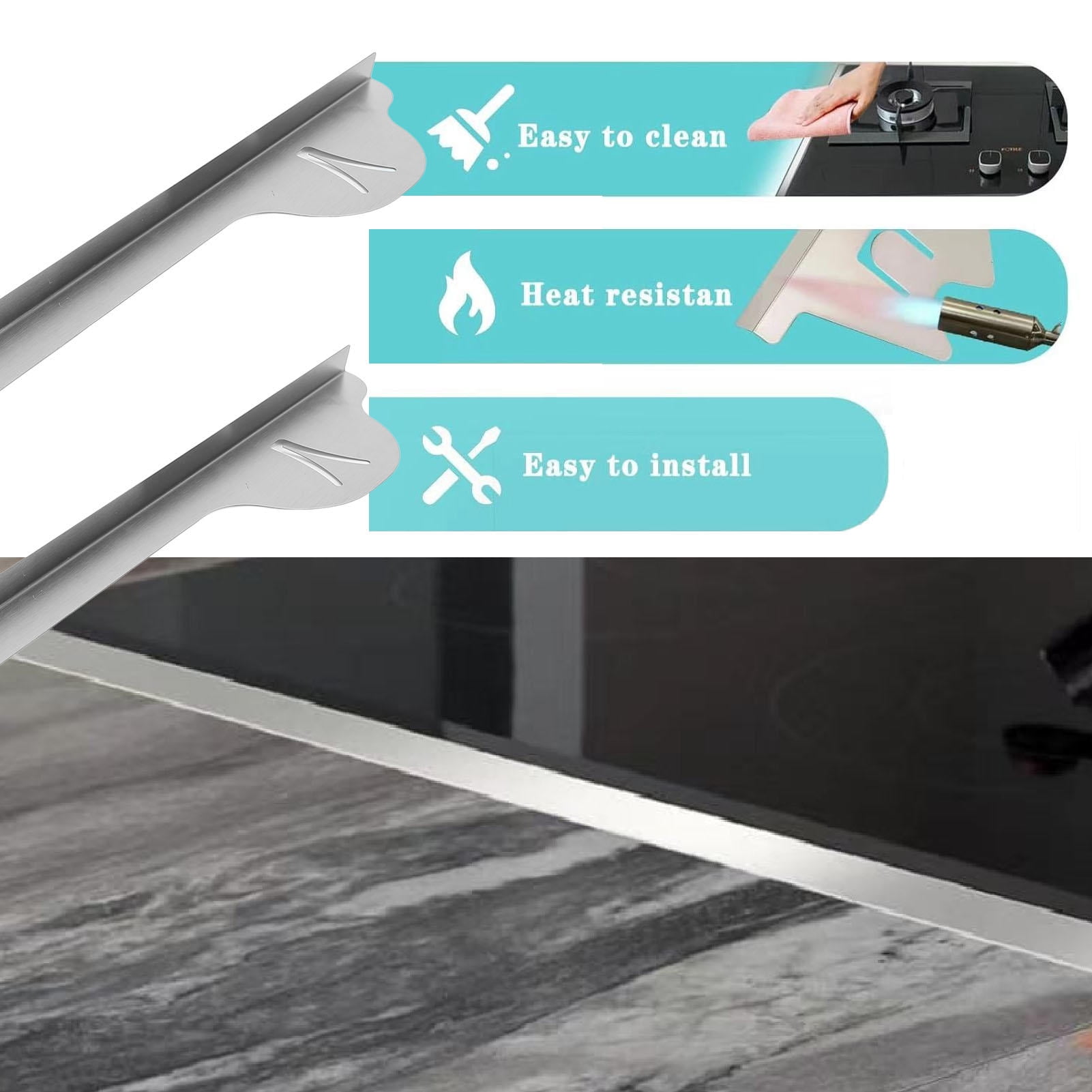 BIMZUC 2‑Pack Stainless Steel Stove Gap Covers – Heat‑Resistant, Easy to Clean, 59.5×8.5 cm, Stylish Silver Trim for Kitchen Counter & Oven