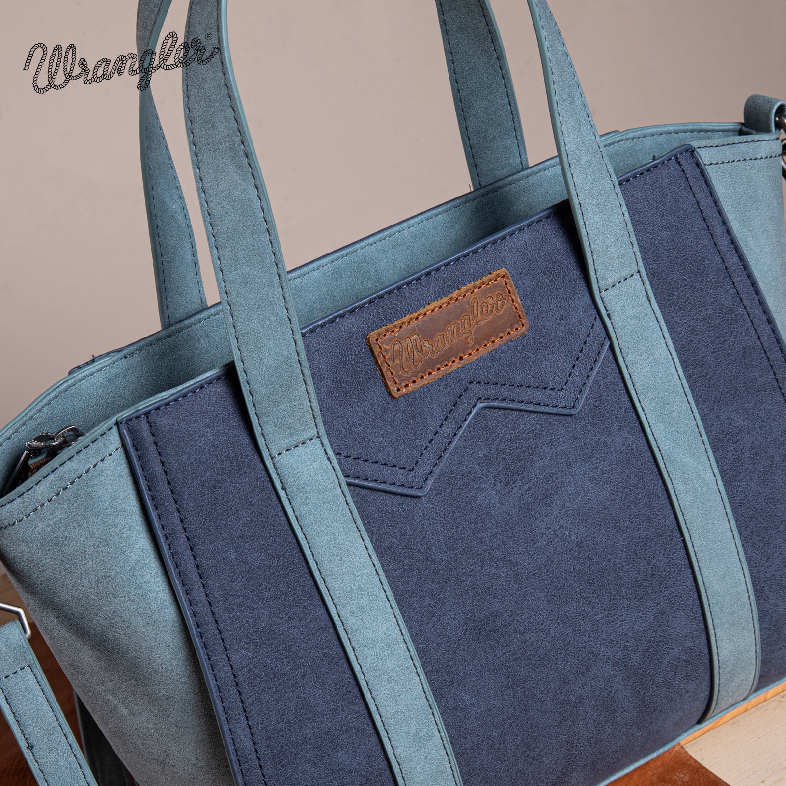 Wrangler Color Block Tote Bag for Women - Stylish Large Shoulder Purse and Handbag, Navy