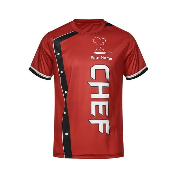 TiaoBug Mens Print Contrast Color Chef Shirt Kitchen Costume Round Neck Short Sleeve T-shirt Chef Uniform Red XL