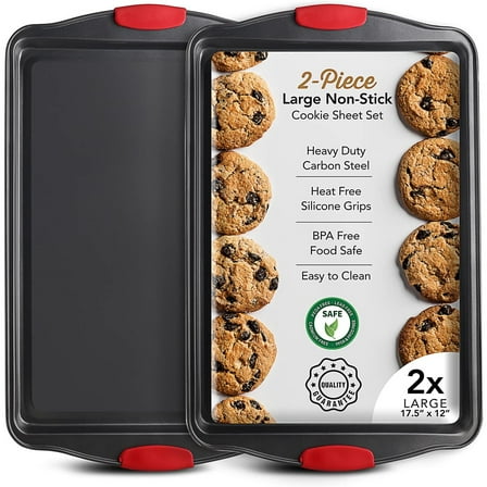 Baking Sheet Set, 2-Piece Large Cookie Sheet Set with Silicone Handles, Steel Baking Pan, Baking Sheets for Oven, BPA Free Nonstick Set, Half Sheet Pans, Black Baking Tray