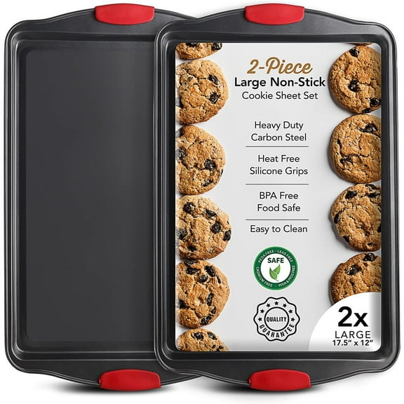 Baking Sheet Set, 2-Piece Large Cookie Sheet Set with Silicone Handles, Steel Baking Pan, Baking Sheets for Oven, BPA Free Nonstick Set, Half Sheet Pans, Black Baking Tray