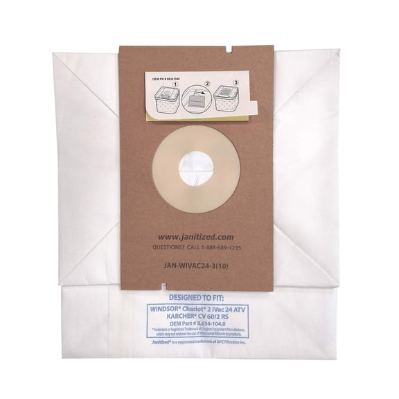 Janitized JAN-WIVAC24-3(10) Premium Replacement Commercial Vacuum Bag for Windsor Chariot 2 iVac 24 OEM # 8.634-104.0 (Pack of 10)