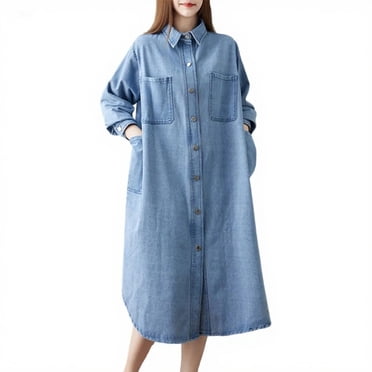 Ashirexll Midi Dresses for Women, Womens Winter Dresses, Loose Long Sleeve Collar Denim Dress With Dress