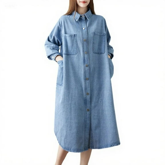 Ashirexll Midi Dresses for Women, Womens Winter Dresses, Loose Long Sleeve Collar Denim Dress With Dress