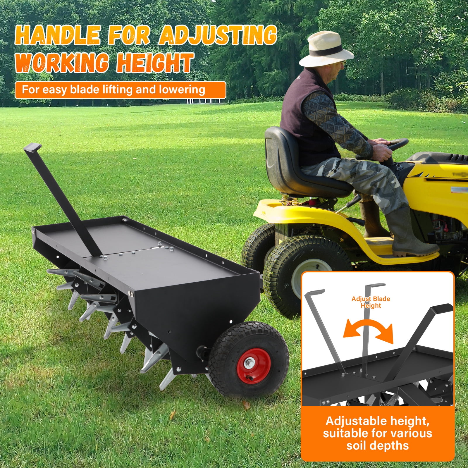 52-Inch Tow Behind Lawn Plug Aerator with Universal Hitch, 40 Galvanized Steel Tines, Weight Tray & Inflatable Wheels for Lawns, Gardens & Farms