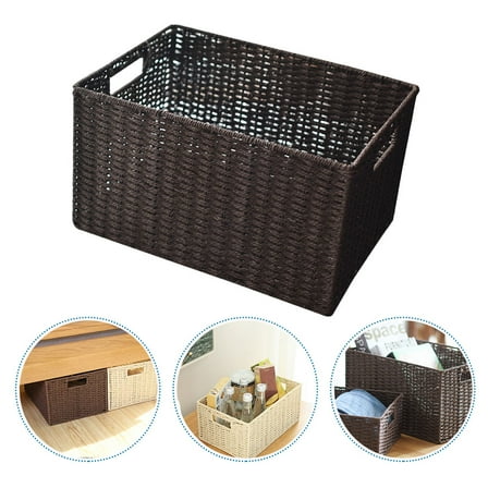 Worgeous Woven Wicker Basket for Storage Use in Closet with Handle Coffee Color Plastic Material Large Capacity