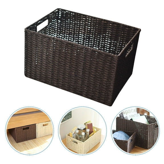 Worgeous Woven Wicker Basket for Storage Use in Closet with Handle Coffee Color Plastic Material Large Capacity