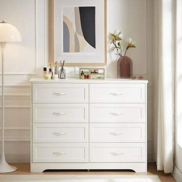 47.6″L Modern Bedroom Chest of Drawers, Dresser with 8 Drawers, Clothes Organizer -Metal Pulls for Living Room, Bedroom, Hallway, White,