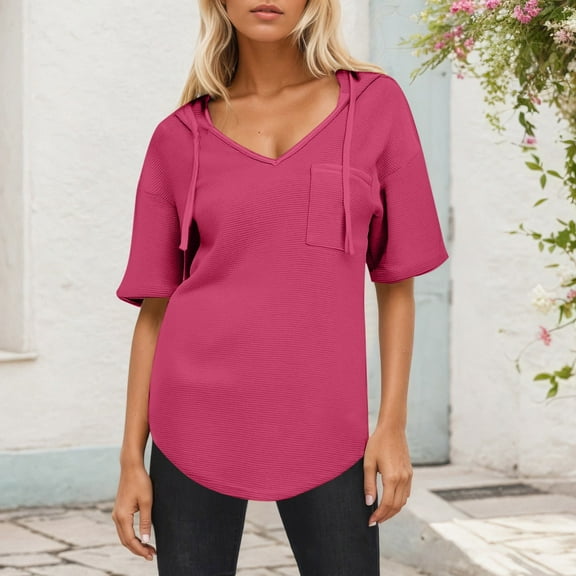 Youyipin womens tops V Neck Hoodie Sweatshirts Lightweight Pullover Tops short sleeve shirts for women