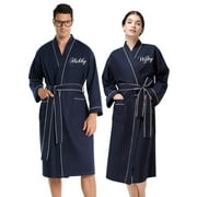 AW BRIDAL Womens Mens Waffle Robe Long Cotton Robes Kimono Spa Robes Unisex, Navy Wifey & Hubby Robes for Couples Set