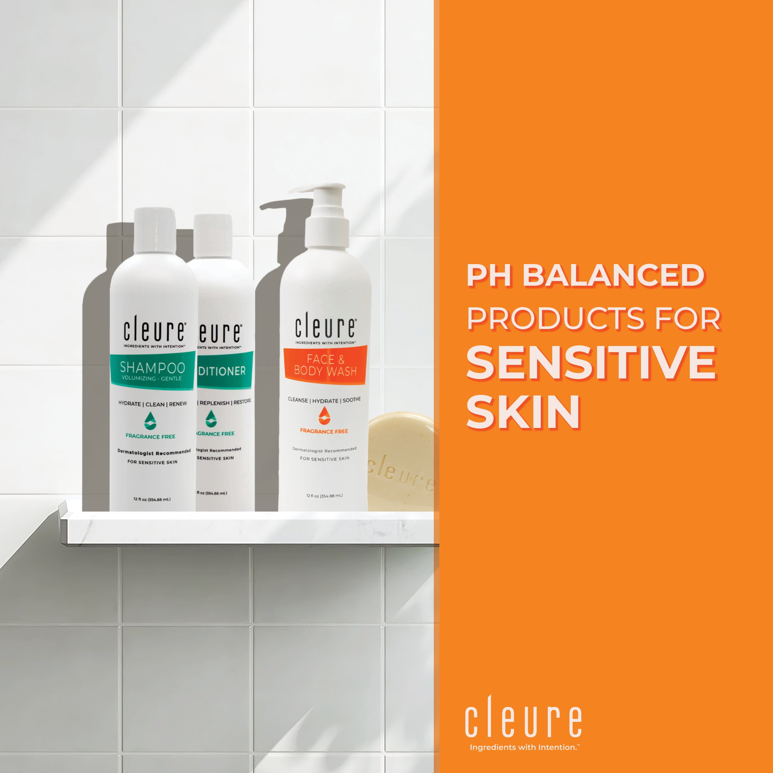 Cleure Fragrance-Free Shower Set – Hypoallergenic Face & Body Wash, Shampoo & Conditioner for Sensitive Skin, 3-Pack (12 fl oz Each)