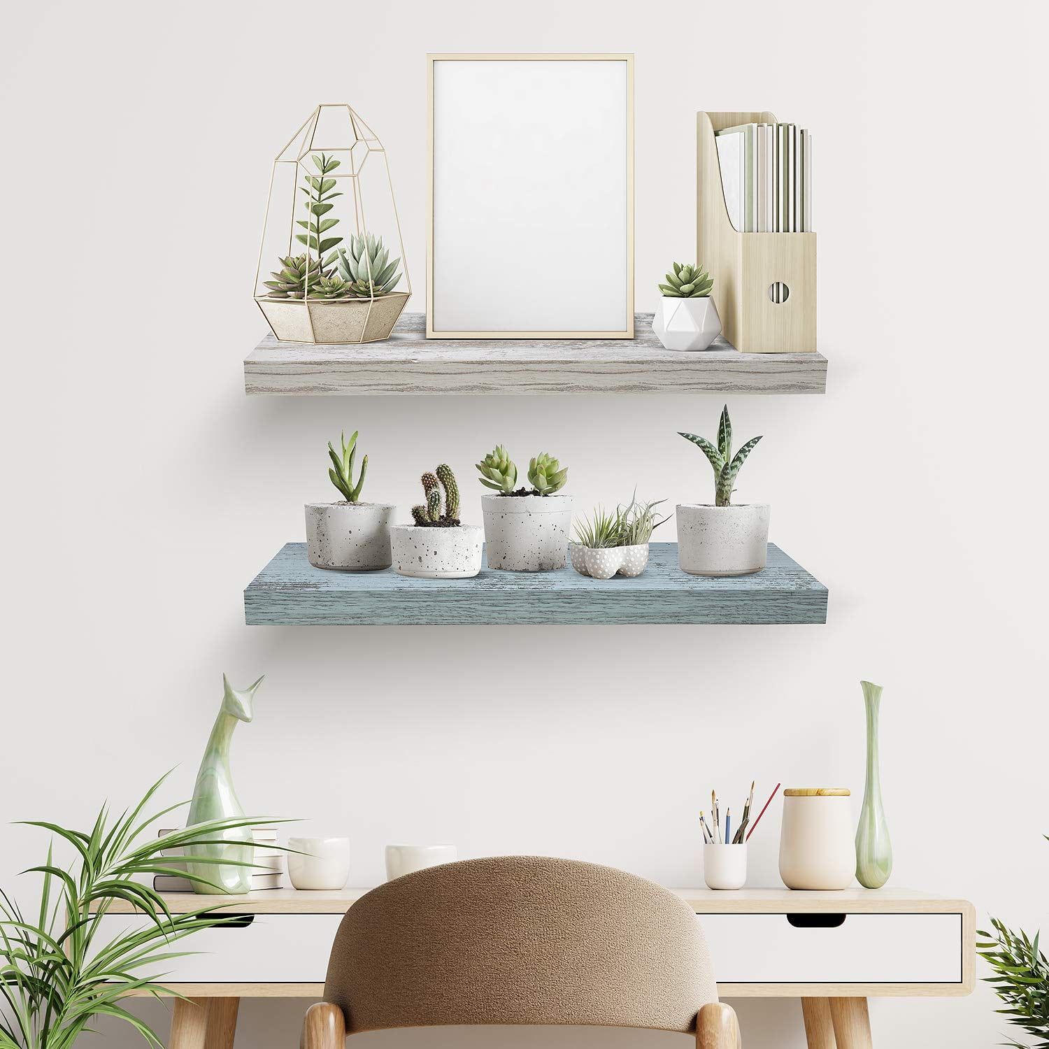 Sorbus 2 Pack Wood Floating Shelves Wall Hanging Length 24-inch, Rustic Blue/White