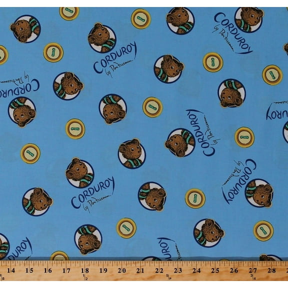 Cotton (Corduroy the Teddy Bear) Teddy Bears Buttons Don Freeman Children's Book Character Blue Organic Cotton Fabric Print by the Yard (157202)