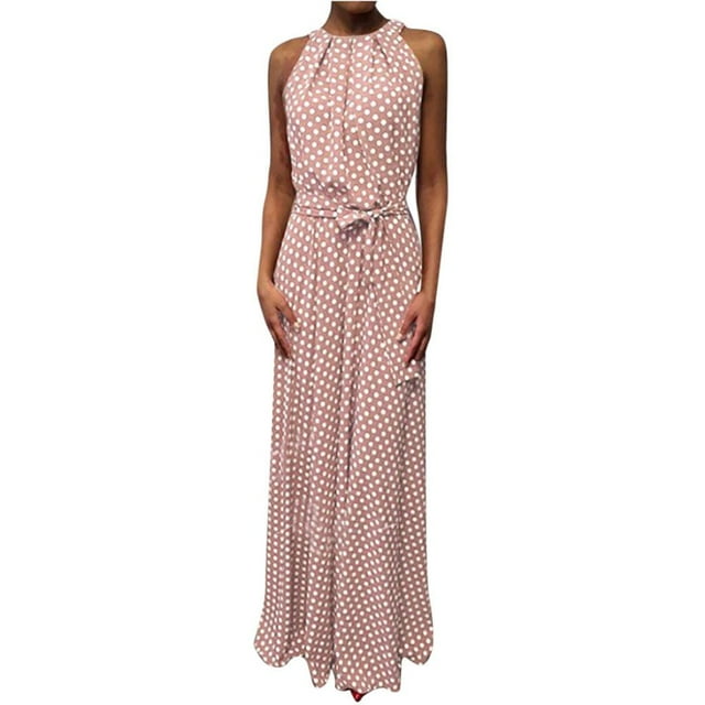 Mode Femmes Sans Manches Polka Dot Imprimé Ceinture Licou Fête Banquet Maxi Robe