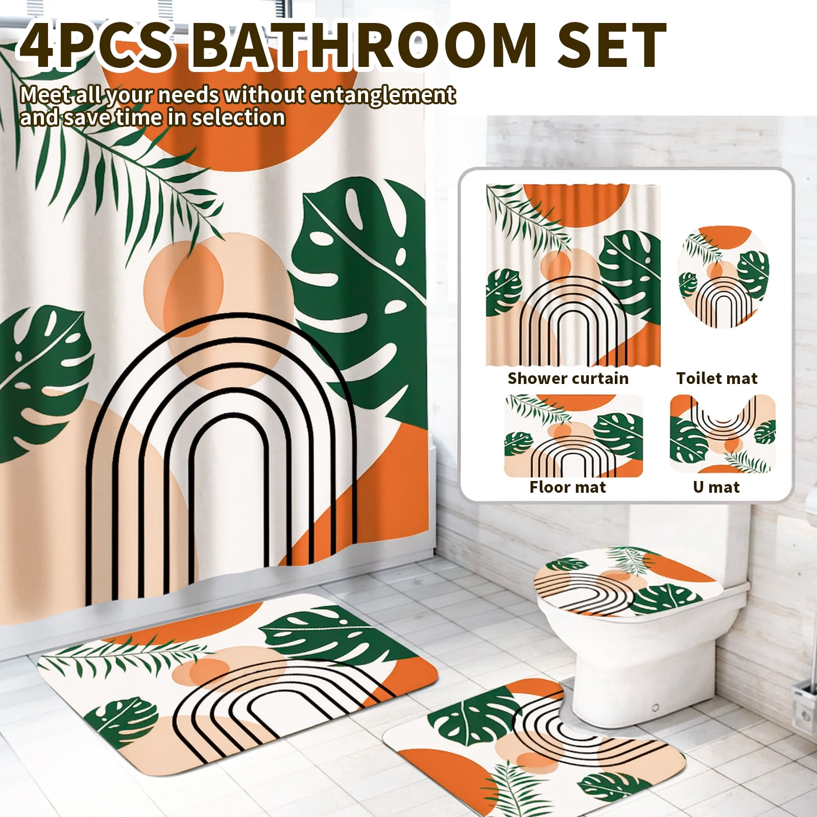 Dznils Abstract Boho Fabric Shower Curtain and Rug Sets, 16pc Modern Bathroom Sets, Brown, 72" x 72"