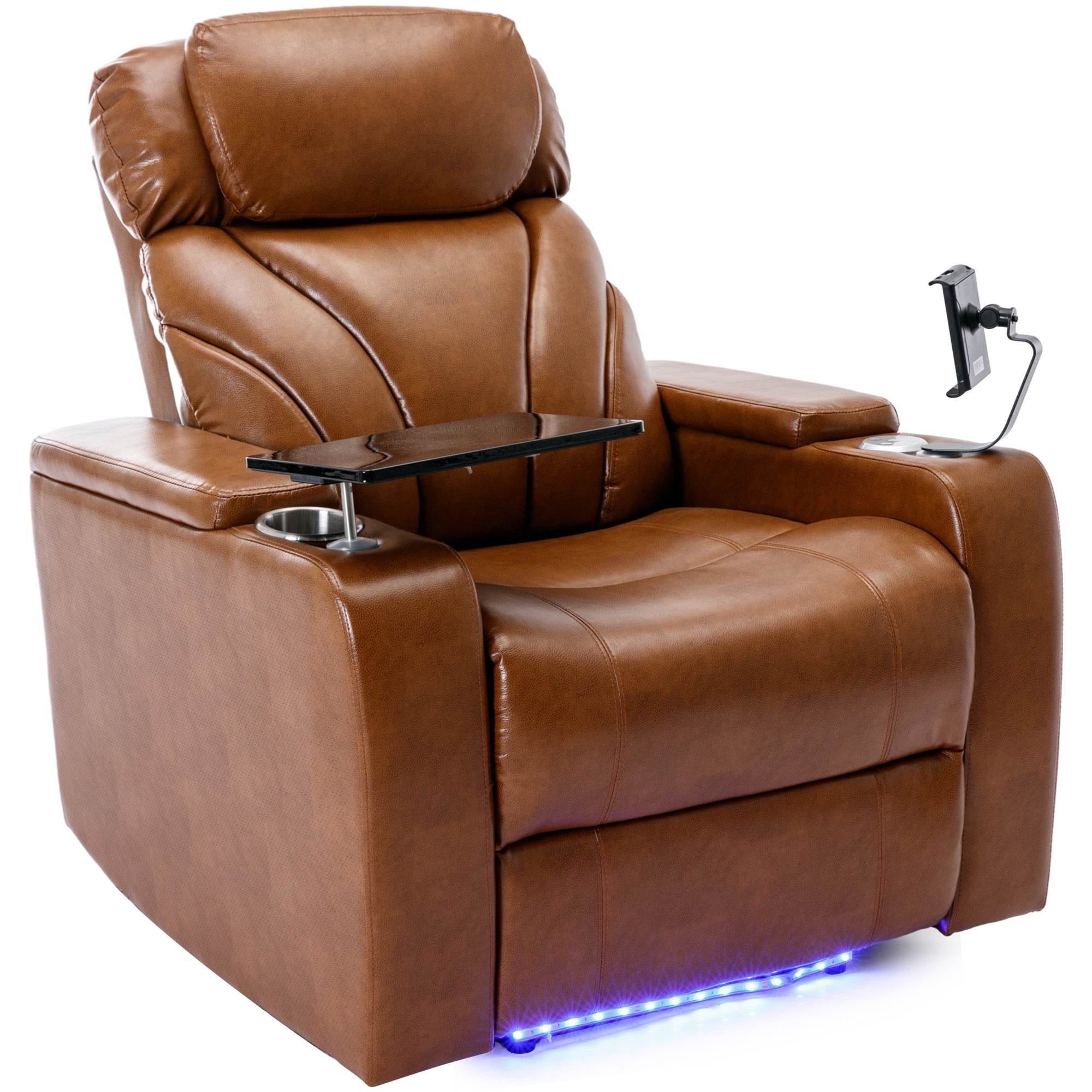 EUROCO 37"W Oversized PU Leather Home Theater Recliner with Stereo and USB Charging Port, Hidden Arm Storage,Convenient Cup Holder for Living Room（Light Brown）