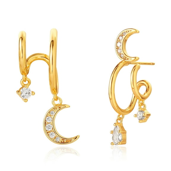 GDCOIN Hoop Earrigs 14K Gold Plated Open C Shape Moon and Star Teardrop CZ Jewelry for Women