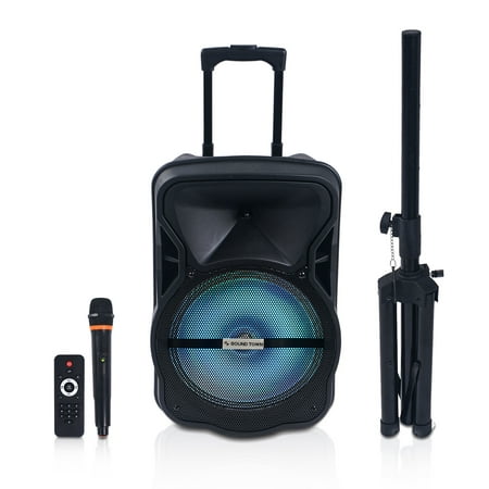 Sound Town 12-inch 2-Way Portable PA Speaker with Built-in Rechargeable Battery, 1 Wireless Mic, 1 Speaker Stand, Bluetooth, USB, SD Card Reader, LED Light