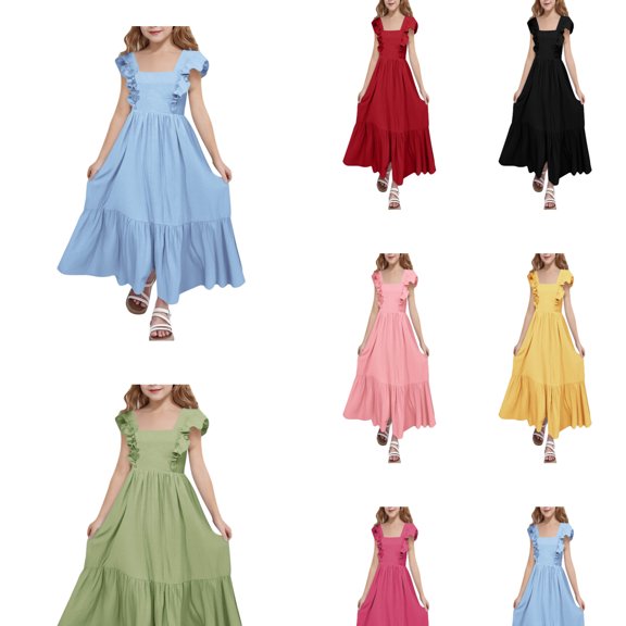 LRen Girls Flutter Ruffle Sleeve Dress,Solid Ruched Tiered Bowknot Summer Swing Sundress Birthday Party Casual Outfit 4-15 Years