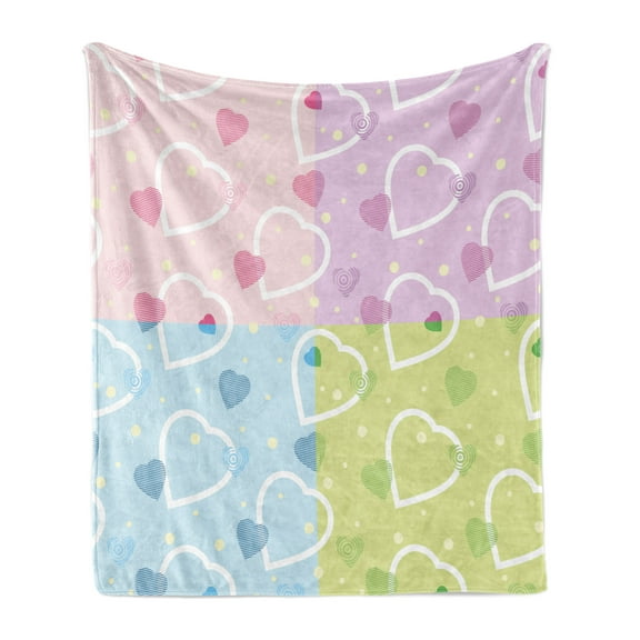 Valentine Soft Flannel Fleece Throw Blanket, Big Little Heart Motifs on Colorful Background with Dots Romance Love Theme, Cozy Plush for Indoor and Outdoor Use, 50" x 60", Multicolor, by Ambesonne