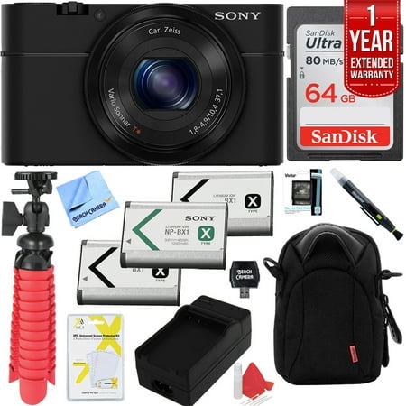 Sony Cyber-Shot DSC-RX100 Digital Camera with 1 Year Extended Warranty Plus 64GB Triple Battery (Best One Shot Camera)