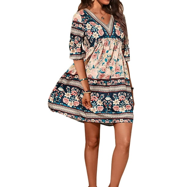 Vestido Irfora Vestido bohemio fluido floral con volantes para mujer, media manga, cuello en V, vacaciones, verano, playa, vestido Beige S Irfora Vestido