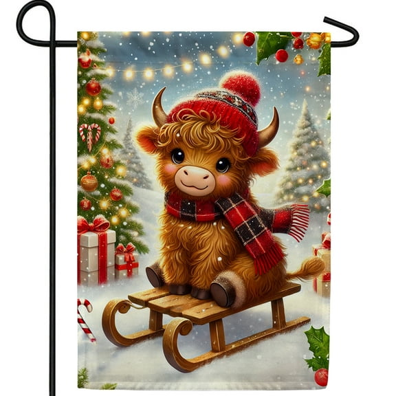 America Forever Christmas Highland Cow Garden Flag, 12.5 x 18 inches Double Sided, Holiday garden flag Cow, Festive Winter Decor Outdoor Seasonal Flags for Yard, Lawn