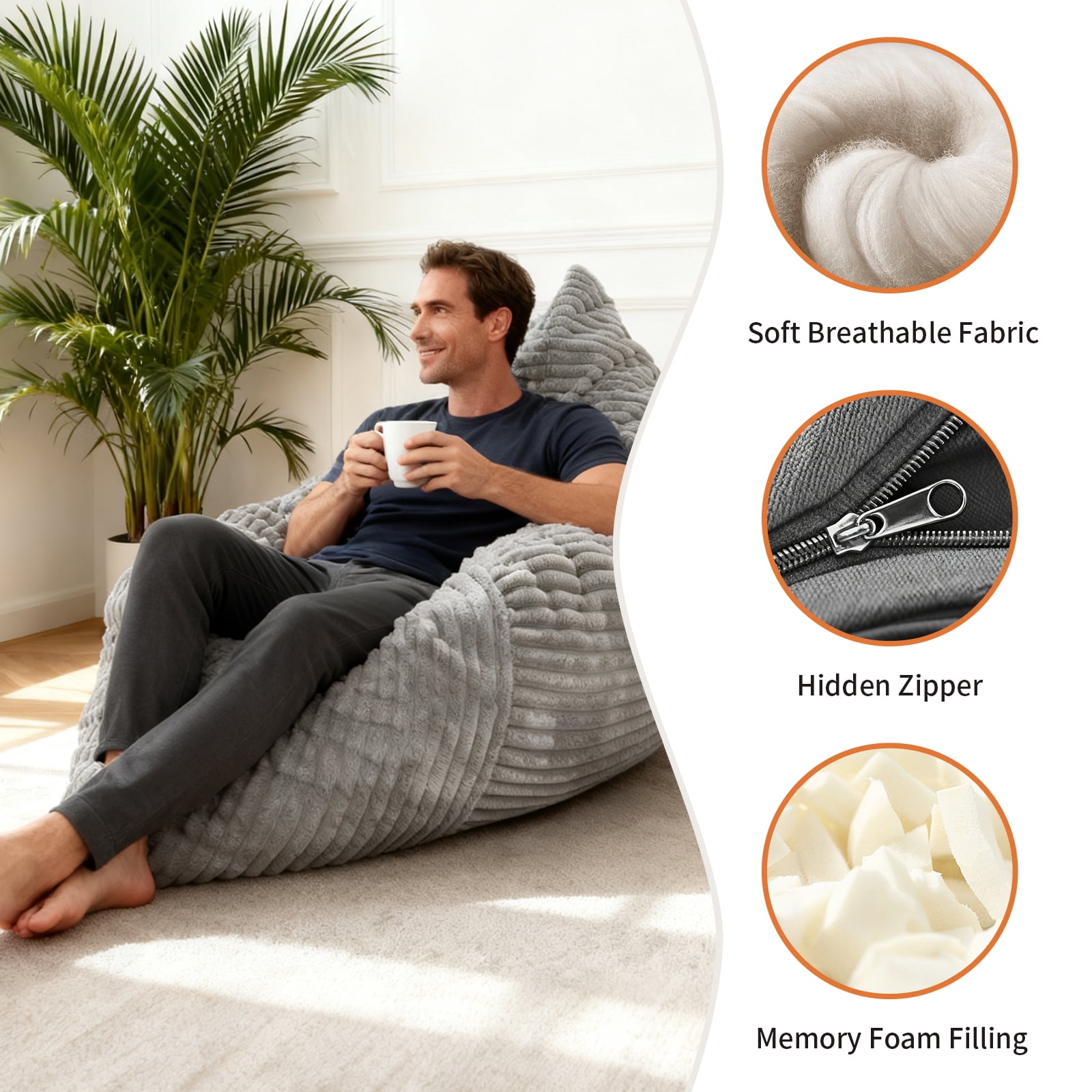 Sanae Jumbo Convertible Bean Bag Chair with Washable Cover, for Adults, Living Room, Bedroom & Den, Light Gray