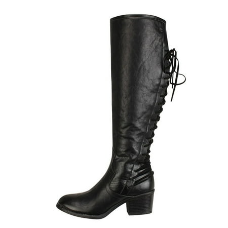 

WANYNG Retro Women Lace-UP Square Heel Solid Color Middle Tube Boots Round Toe Shoes Cowboys Boots for Women Booties Women