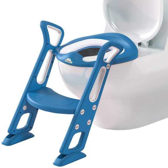 Potty Training Toilet Seat with Step Stool Ladder for Kids and Toddler, Sturdy Potty Ladder with Soft Padded Cushion for Boys and Girls by BlueSnail (Desert blue Leatherette Cusion)