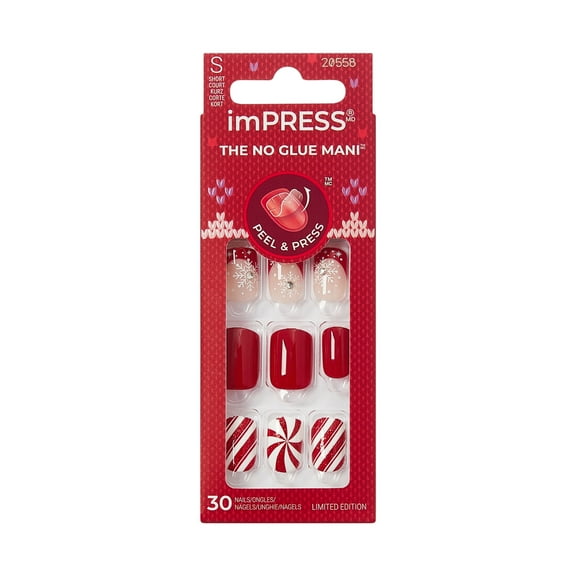 KISS imPRESS Holiday Press On Nails, ‘Santa Baby’, Red, Short Squoval, 30 Count
