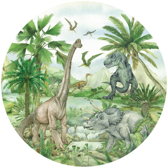 Dundee Deco's Modern Green Beige Dinosaurs Circular Peel and Stick Wall Mural, 28 in Diameter (4 sq ft.)
