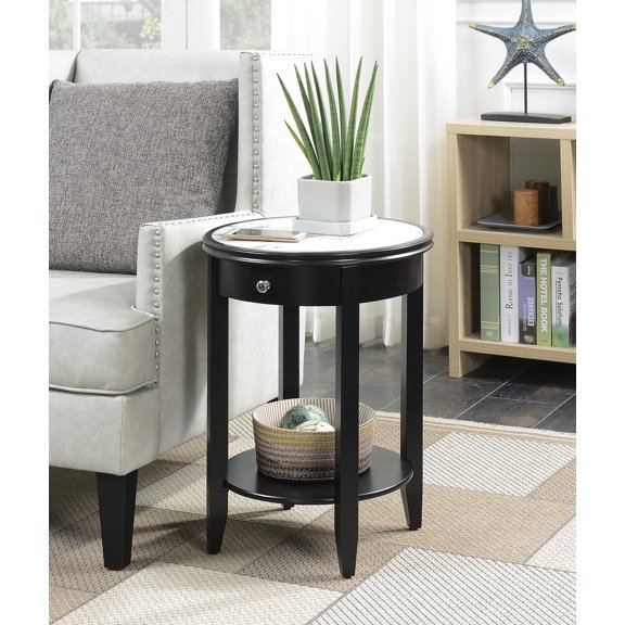 Convenience Concepts American Heritage Baldwin 1 Drawer End Table with Shelf , White Faux Marble Top & Black Frame