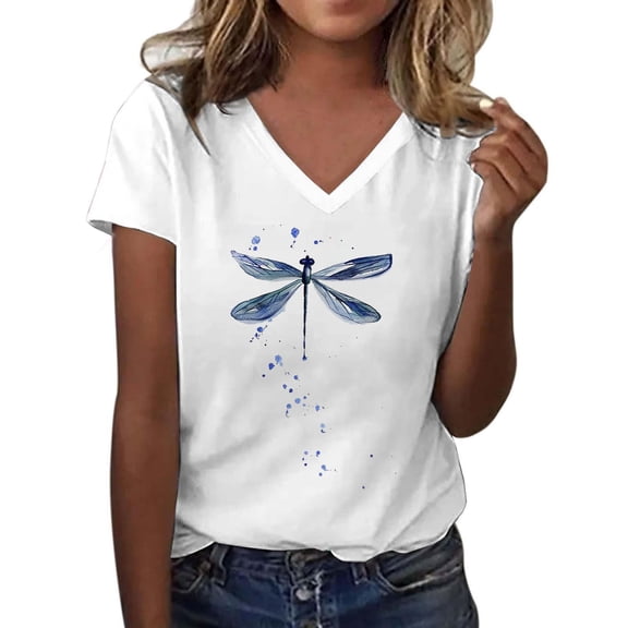 Womens T Shirts Graphic Summer Short Sleeve V Neck Casual Dragonfly Layer Clothes White L