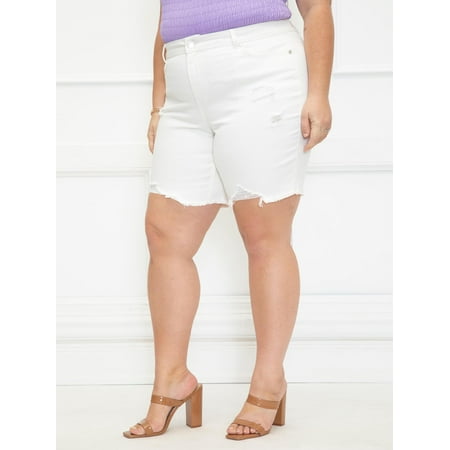ELOQUII Elements Women's Plus Size Distressed White Denim Bermuda Shorts