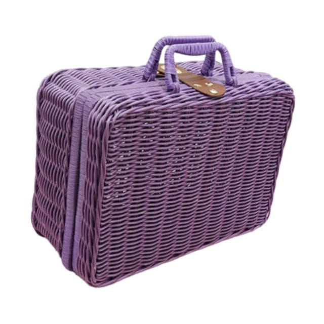 Maleta tejida de imitación de ratán, cesta de almacenamiento, caja de regalo, maleta rústica para picnic, estuche de almacenamiento tejido a mano para Violeta S