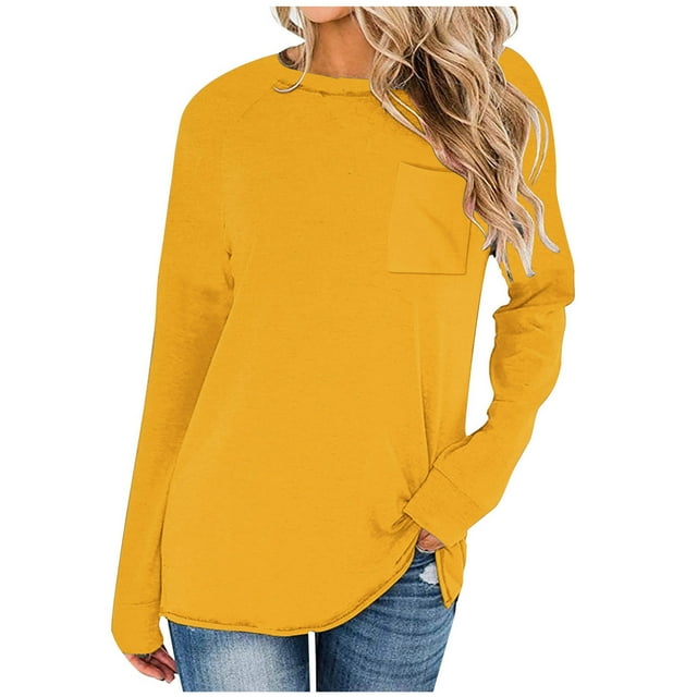 Timegard Womens Tops Crewneck Long Sleeve Drop Shoulder Basic Tee Fall Casual Loose Tops with Pocket