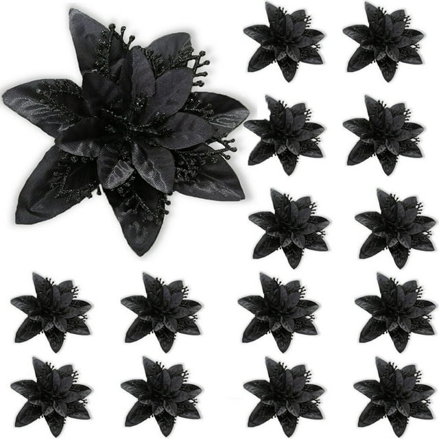 15 Pièces Paillettes Poinsettia Fleurs Artificielles Décorations Arbre Ornements Paillettes Rouges Or