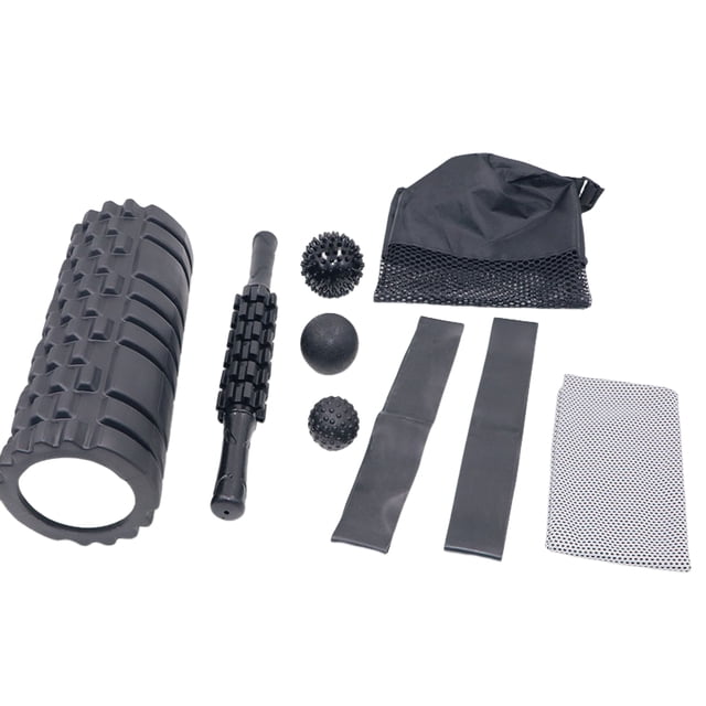 Kit de Récupération Yoga & Pilates Noir 9 Pcs : Rouleau en Mousse Creuse EVA+PP de 33 cm, Bâton de Massage de 38,5 cm, 2 Bandes de Résistance, 3 Boules de Fascia (Circulaire/à Pointes/points Flottants), Chiffon Gris, Sac de Rangement en Maille