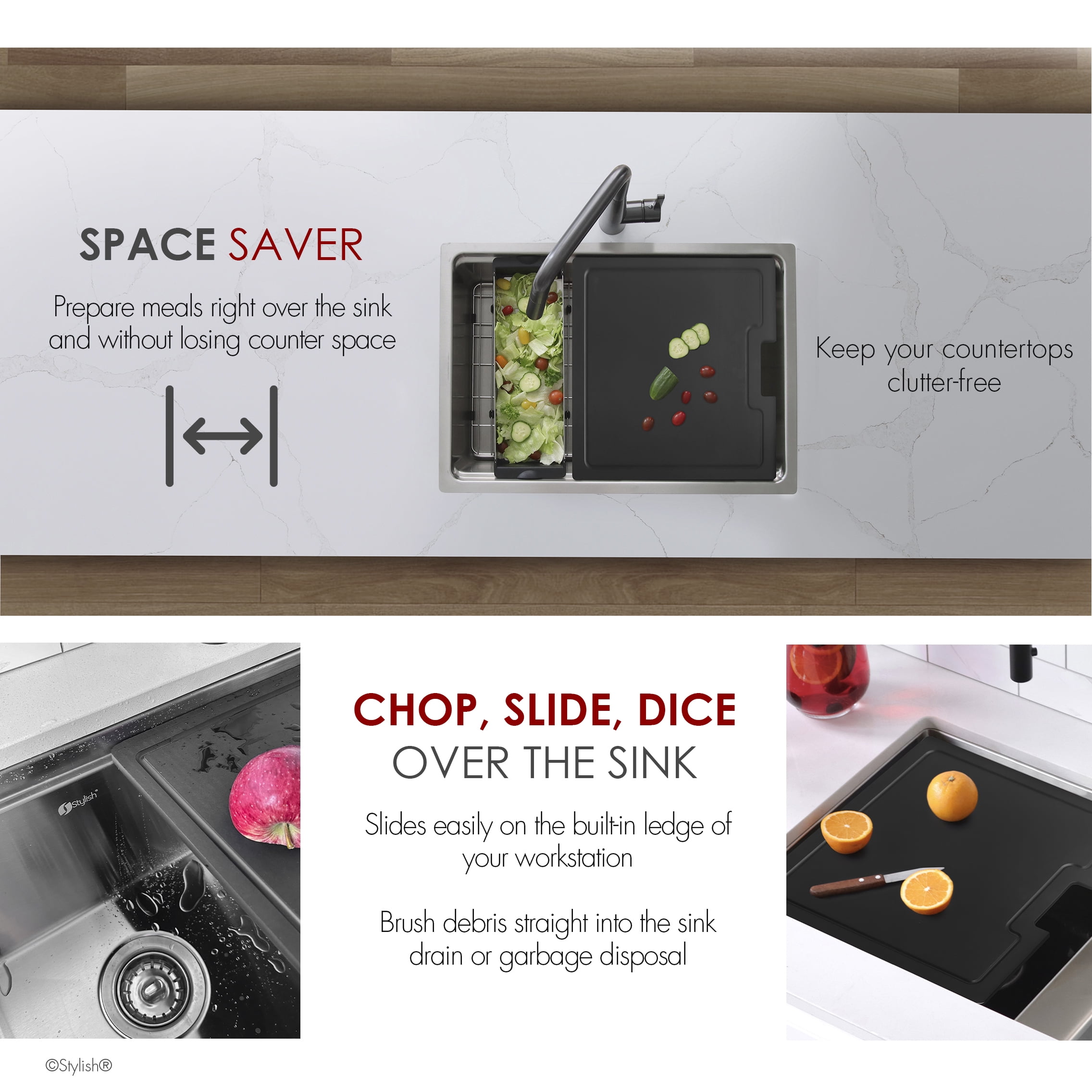 Stylish 16-3/4" Black Wood Fiber Workstation Cutting Board A-930