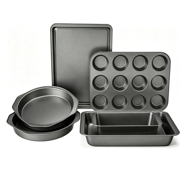6 Piece Nonstick Carbon Steel Bakeware Set, Cake Muffin Cookie Loaf Pans with Easy Release Coating, Oven Safe to 450°F, Black