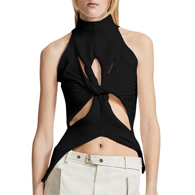 ICHUANYI Clearance Womens Summer Irregular Sleeveless Hollowed-out Kink Wool Vest Womens Fashion Semi-high Collar Solid Color(Black, L) ICHUANYI WER2023081109726