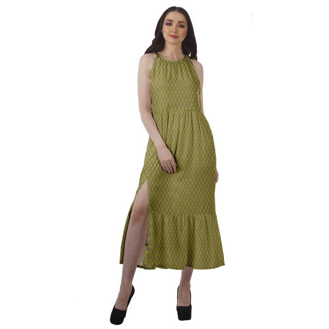 Moomaya Robe Longue Maxi à Fente avant en Rayonne Imprimée Col Halter pour Femmes