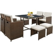Homall 9 Pieces Outdoor Dining Sets Patio Rattan Conversation Set Space Saving Wicker Chairs with Glass Table,Beige