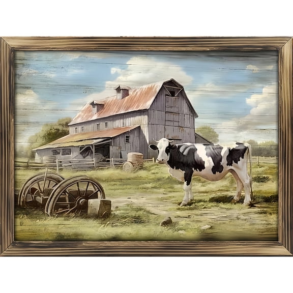 Room Decor Art Prints: Rustic Barn Framed Farm Cow Wall Art, Farmhouse Wooden Painting Country Landscape Picture, Vintage Rural Scene Artwork for Living Room Bedroom Vintage 16x12inch
